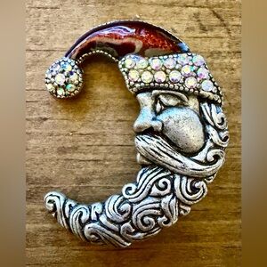 Signed TC Vintage Pewter Finish Enamel Crystal Santa Moon Christmas Pin/Brooch